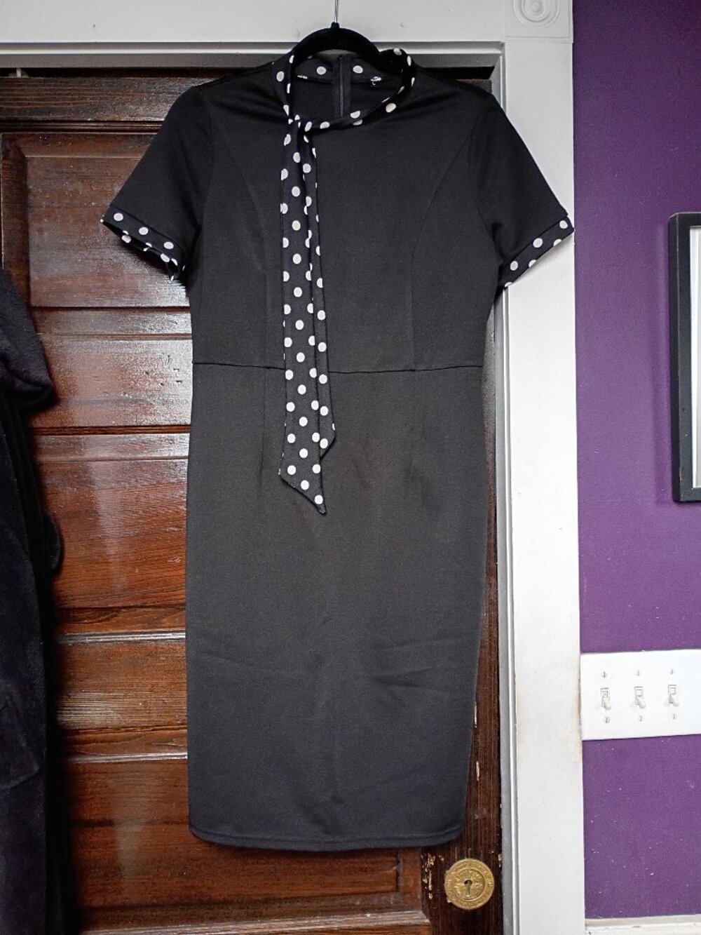 Black Round Neck dress with polka dot trim